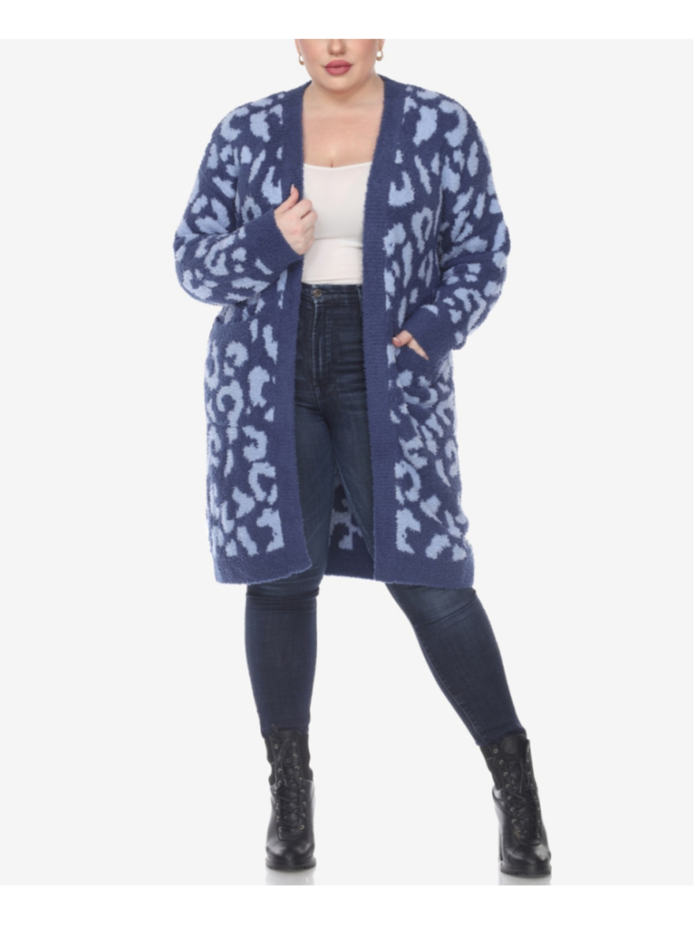 White Mark Plus Size 2X 2XL Plush Sherpa Blue Leopard Open-Front Sweater NWT